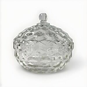 Vintage Fostoria Glass Clear Diamond Cut Candy Dish With Lid